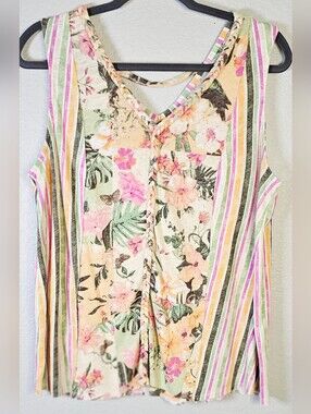 Cato Plus 18/20W Tropical Floral Striped Sleeveless Top Braided V Neck
